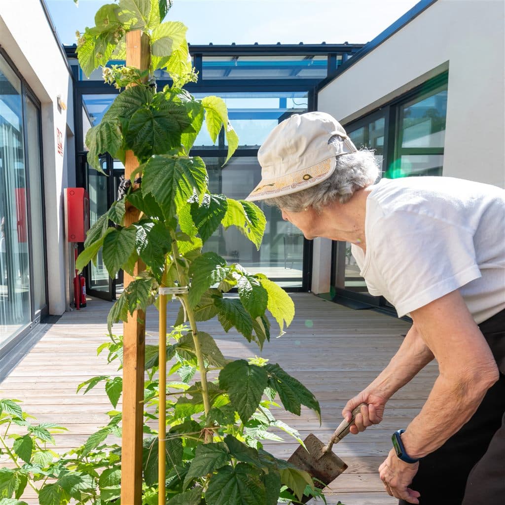 Residente cuidando plantas en la terraza del centro residencial para mayores Suacasa en San Sadurniño